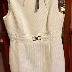 NWT sleeveless white dress with gold belt detail